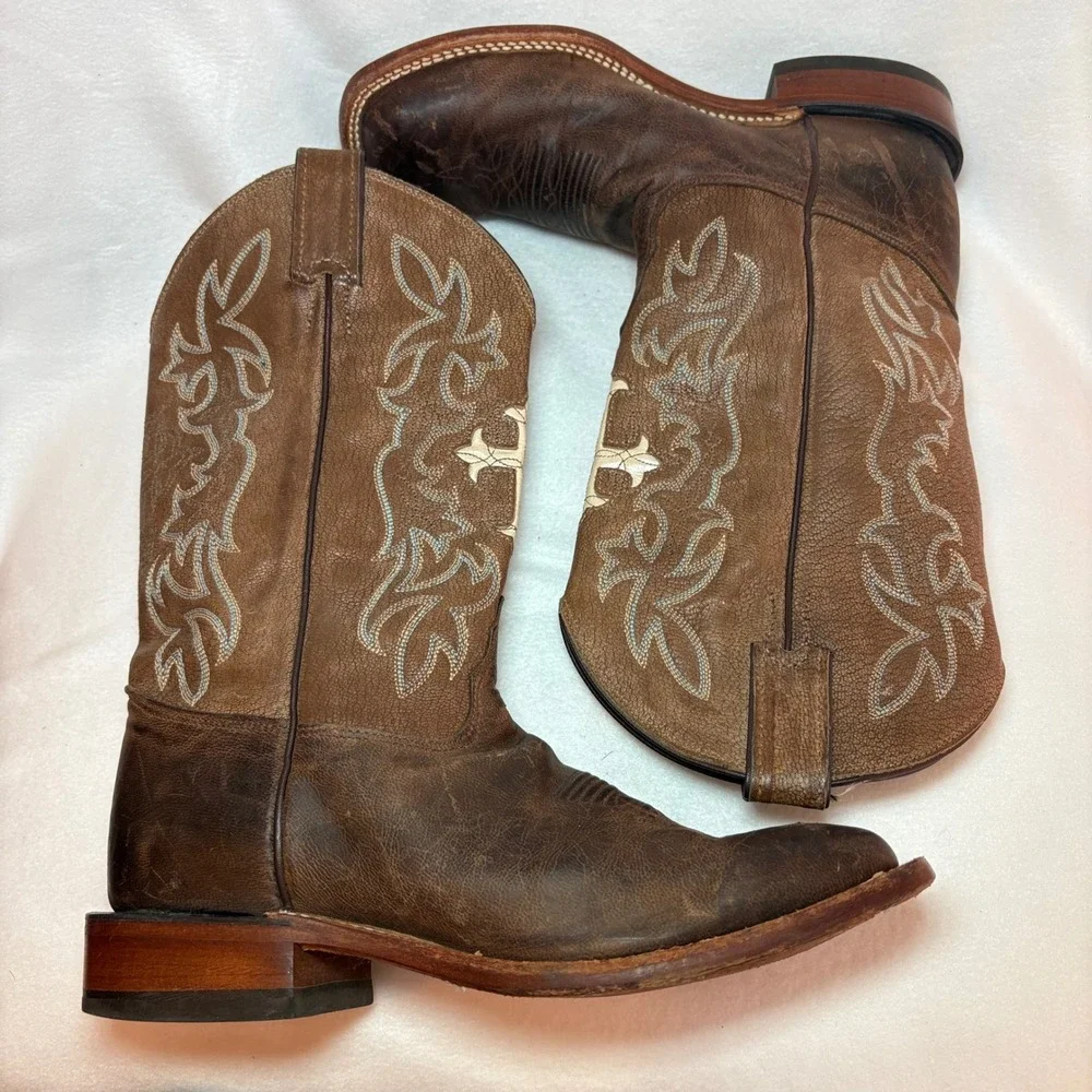 Tony Lama Brown Leather Cross Square Toe Cowboy Boots TC1002L 8B